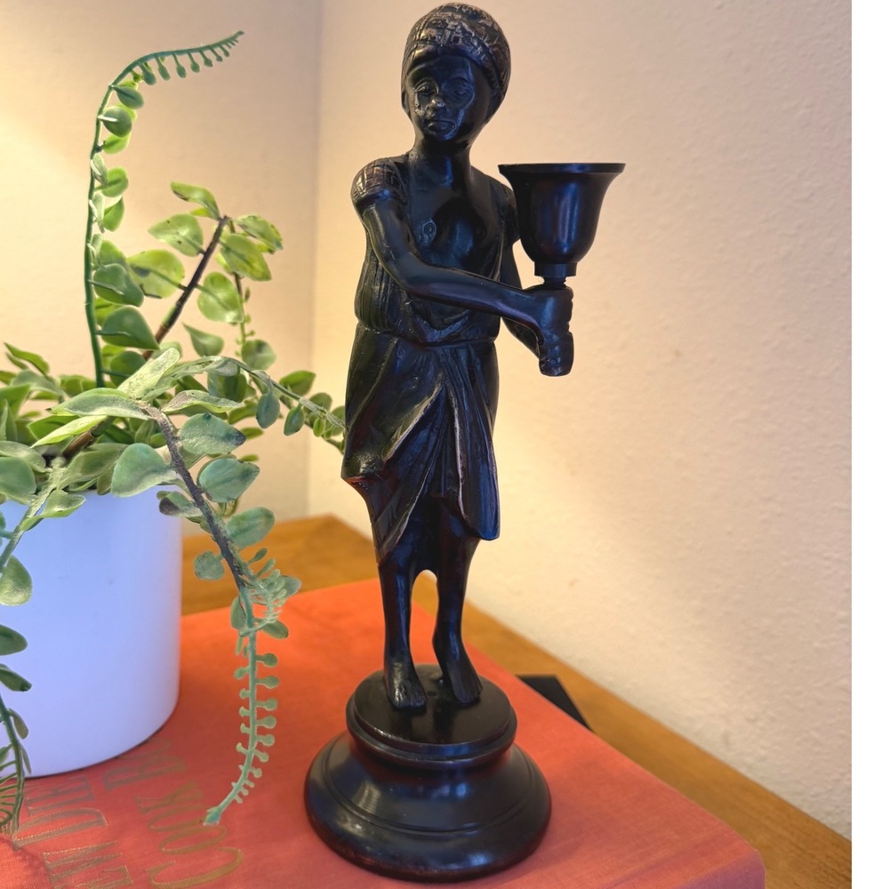 Vtg African-Inspired Nubian Candle Holder Bronze Finish Figurine Statue 9.75"‎